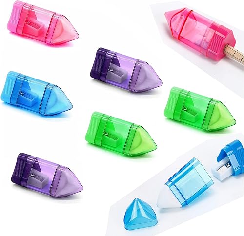 8 sacapuntas manuales con borrador, sacapuntas de mano, sacapuntas de colores con receptáculo y borrador para suministros escolares, de oficina y