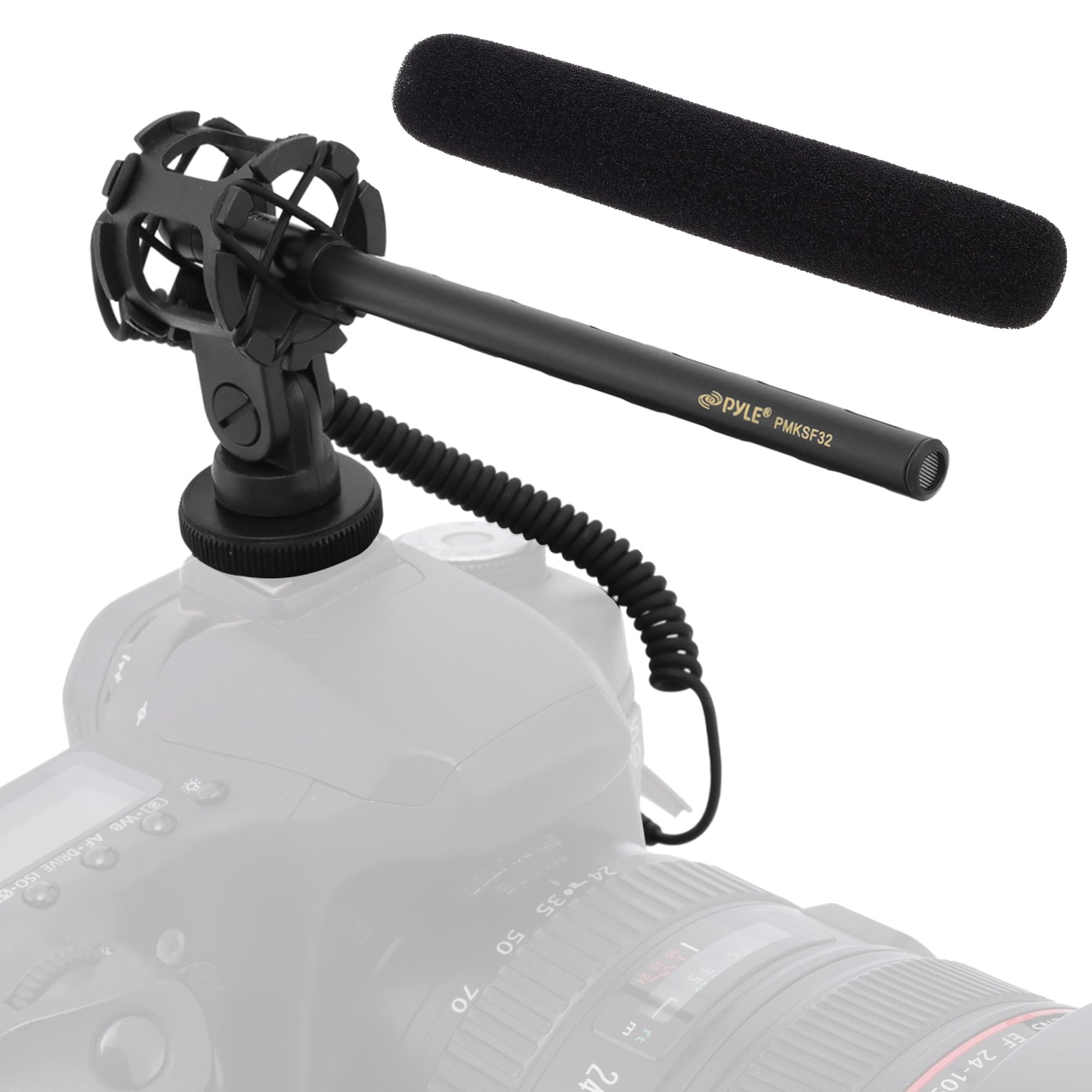 Pyle Camera-Mount Shotgun Microphone, Back Electret Condenser, Line-Gradient Pattern, 3.5mm Connector, 42dB Sensitivity, 50Hz-18kHz, Windscreen & Mic Holder, On-Camera Condenser Mic for Clear Audio