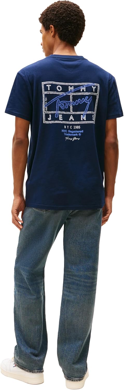 Tommy Jeans Men's Short Sleeve Cotton Graphic T-Shirts with Printed Sprayed Back Graphic