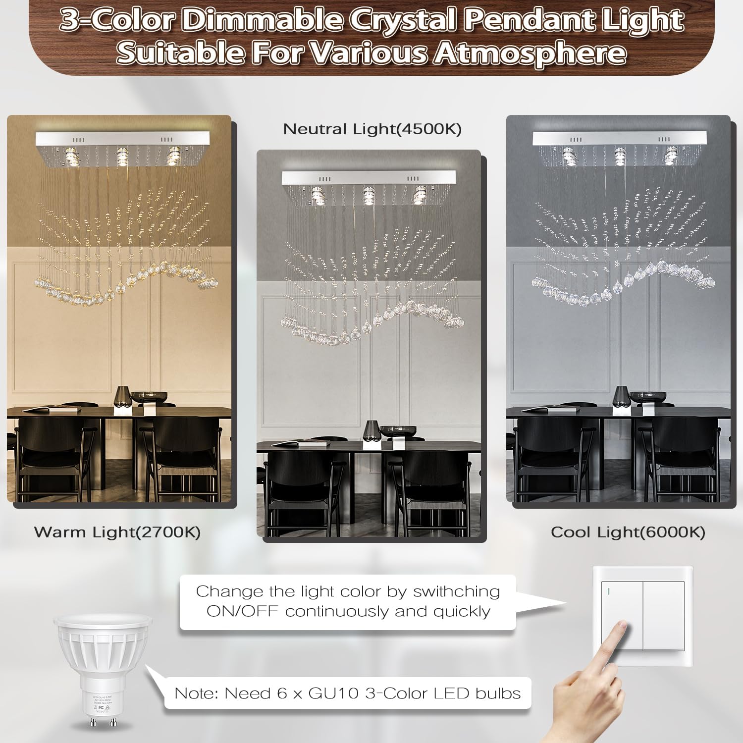 Finktonglan Crystal Chandelier for Kitchen Island, Modern Crystal Pendant Ceiling Light Fixture for Dining Room Linear Flush Mount Ceiling Lights, GU 10 Bulb, L31.5'' x H30.3''