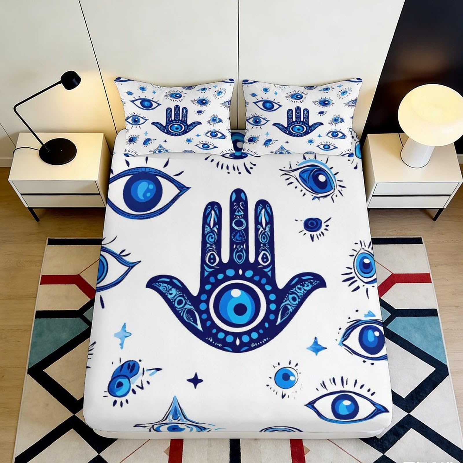 Pnayamiorkfel Style-3 3D Printed Hamsa Hand Fitted Sheet Microfiber Soft Blue Evil Eye Bed Cover For Bedroom Guest Room Decor Mattress Protection 90X200x25cm