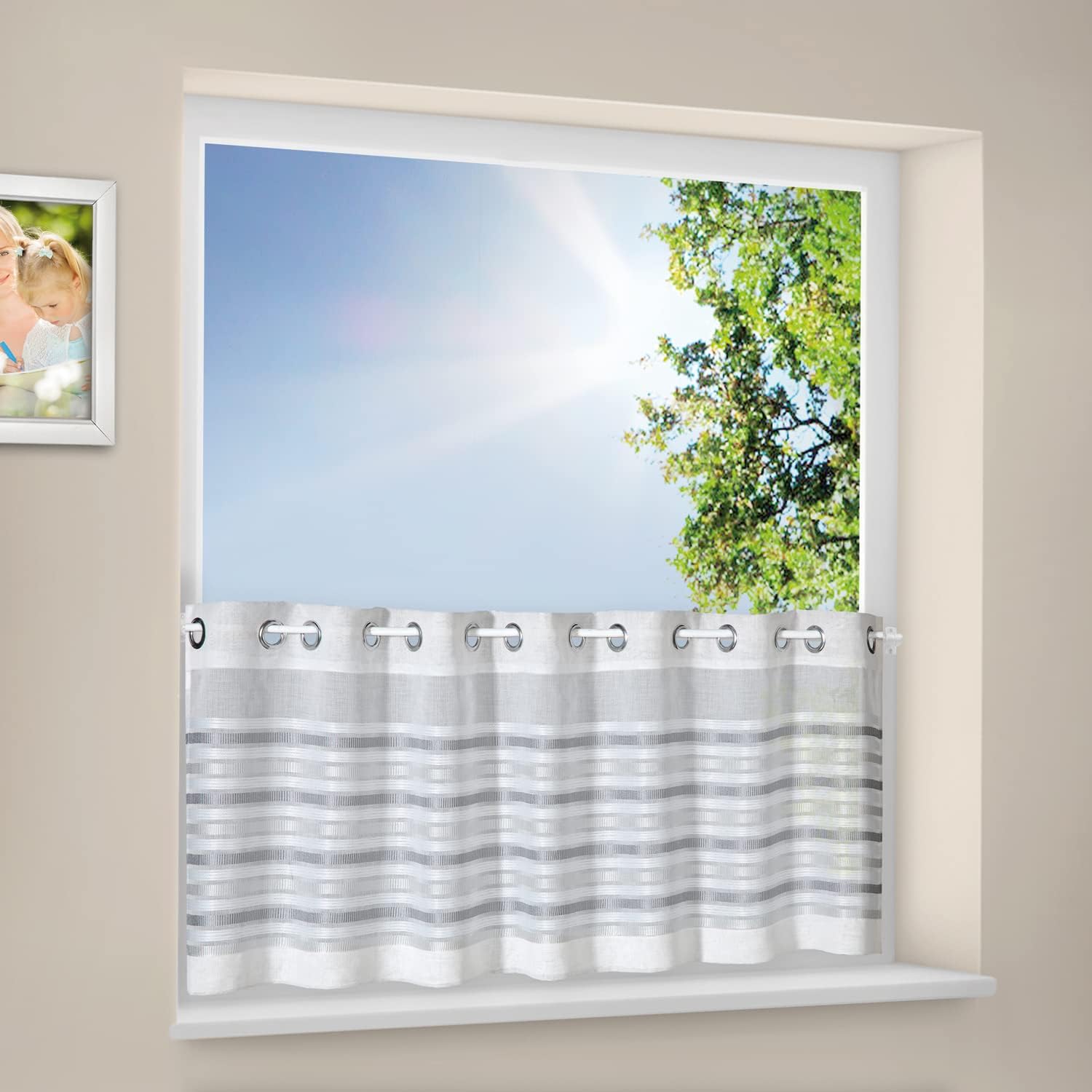 Voile Scheibengardine 50x160cm Mit Bordüre - Sandfarbene Gardine Mit Schlaufen