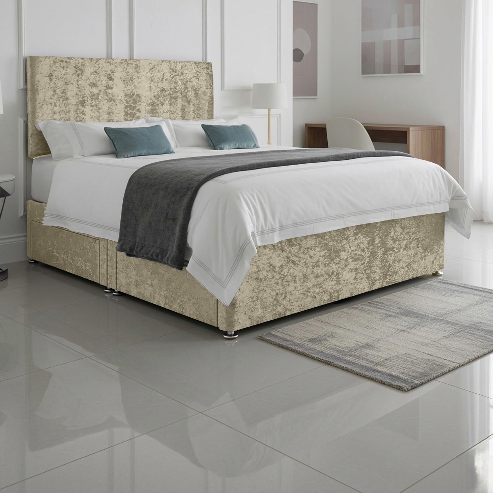 SANA SLEEP Classic Premium Fabric Divan Bed Set With Open Coil Memory Foam Mattress, 2 Drawers (Same Side) and Matching Headboard 2FT6 Small Single - Champagne Cruhsed Velvet