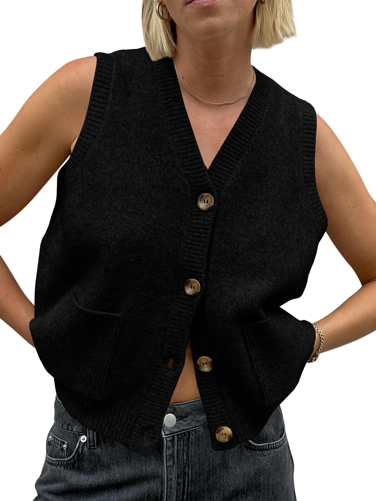 Saodimallsu Damen Ärmellos Pullover Weste Lockere Passform Strickwesten Knopf V Hals Stricken Trendy Casual Strickjacke mit Taschen