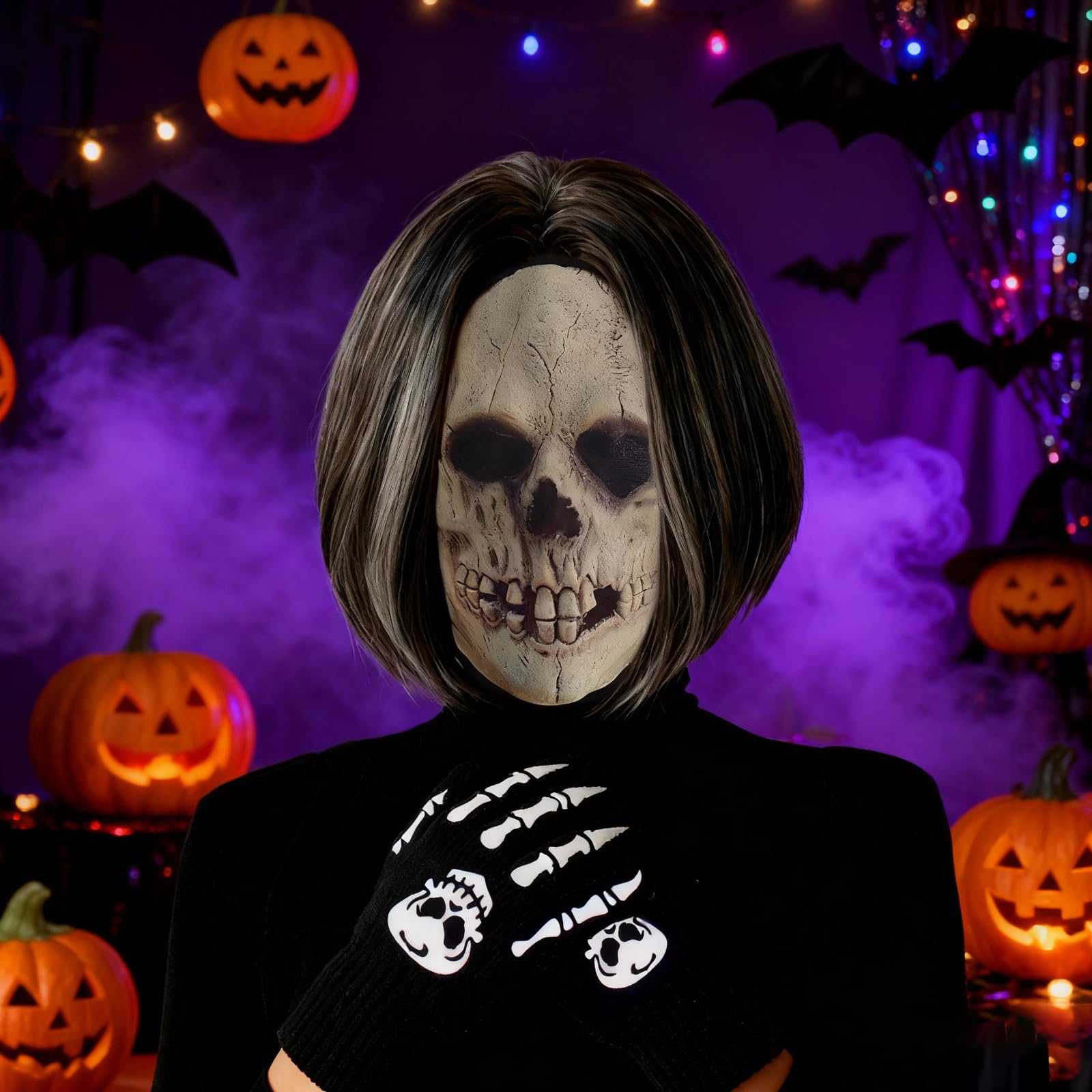 Vspek Halloween Facemask, Short Grey Wig for Women Skeleton Gloves Glow in The Dark - Image 3