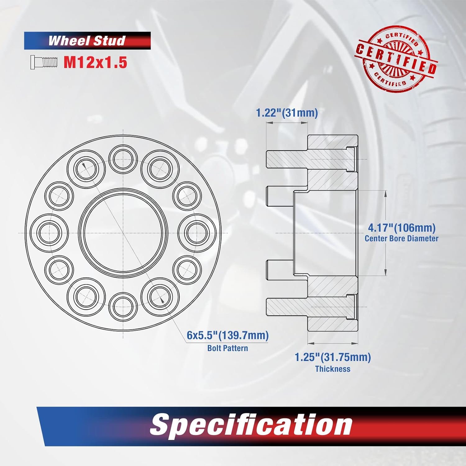 MOCA 31.75mm 6x139.7 Hubcentric Wheel Spacers (106mm Bore) - M12x1.5 Studs for Toyota FJ Cruiser Fortuner & for Lexus GX J150 GX460 & for Hyundai Terracan (Black, Pack of 4)