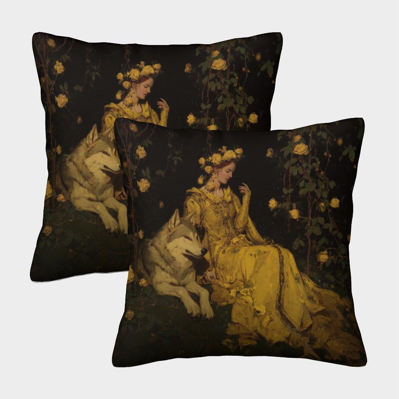 kaiyun 2 Pack Woman And Wolf, Oil Painting Style Pillow Case 50x50cm 3D Printing Cushion Cover,home Decoration Sofa Cushion