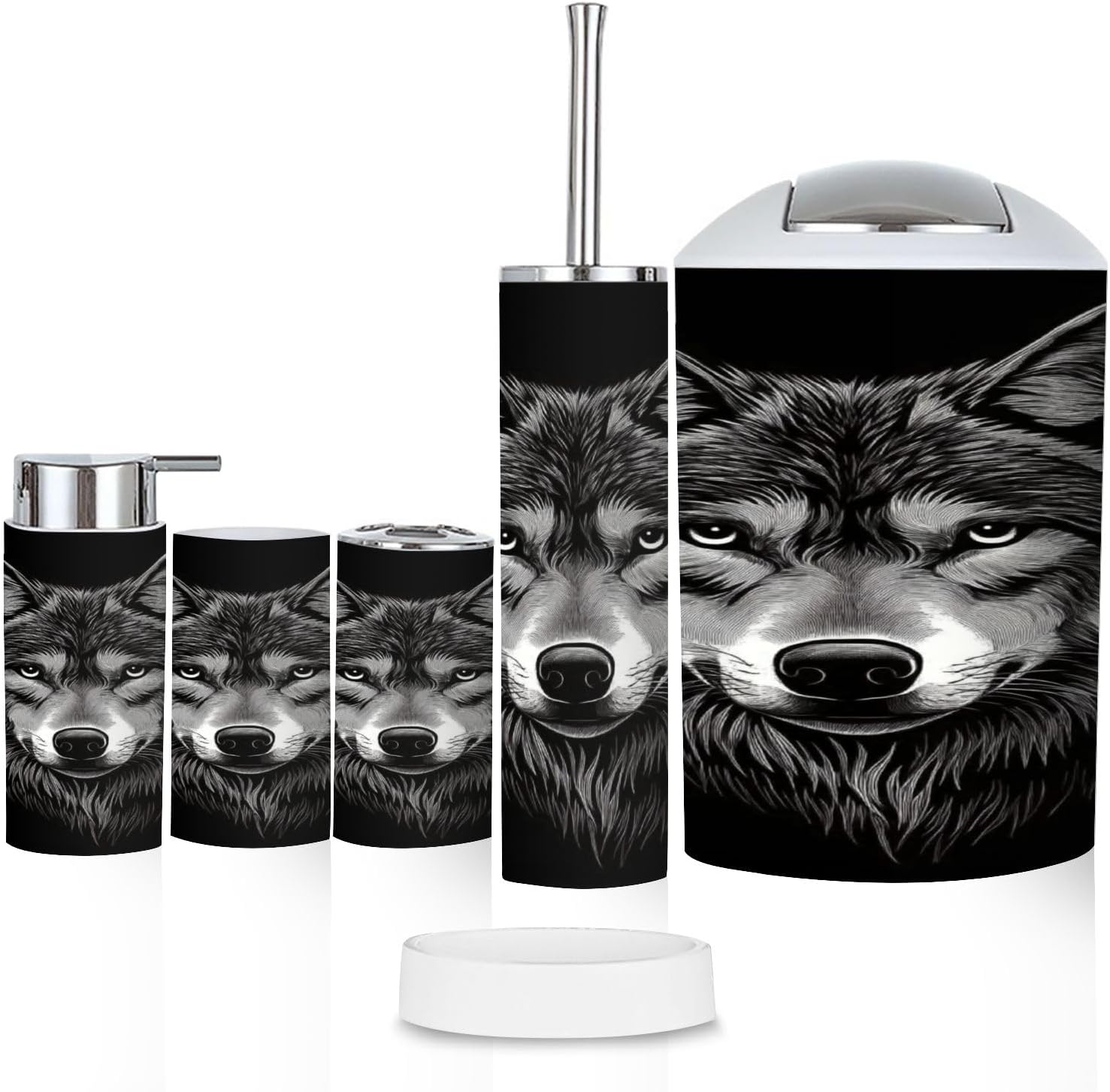 Bathroom Accessory Set 6 Pcs Monochrome Black White Graphic Portrait Black Toothbrush Holder, Soap Dispenser, Toothbrush Cup, Trash Can, Toilet Brush Holder for Rustic Decor