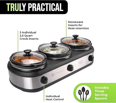 TRU Triple Buffet Server - Three 2.5 Quart Removable Crock Inserts - Slow Cooker & Food Warmer with Individual Heat Control - Includes Lid Rests & Serving Spoons