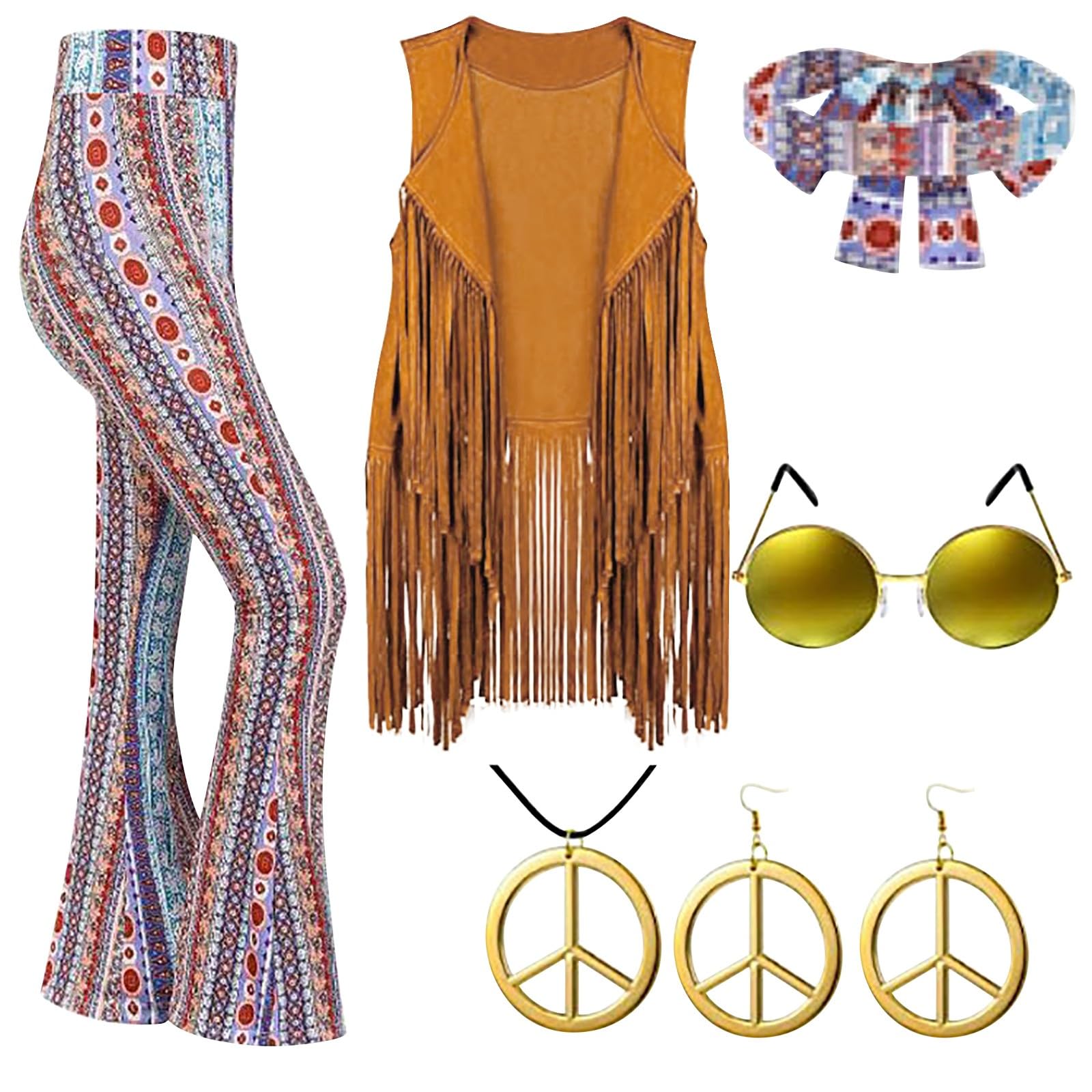 Dames carnaval jaren 70 hippie party retro kleding kwastje vest broek hoofddoek oorbellen bril ketting zesdelige set broek pak, Blauw, M