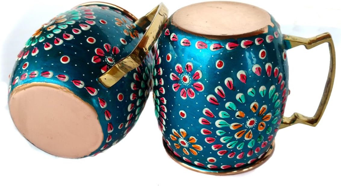 Rastogi Handicrafts Handmade Copper Outer Hand Painted Art Work turquoise color Water Bottle (Joint Free & leak proof) and Mug - Cup 16 oz (2)