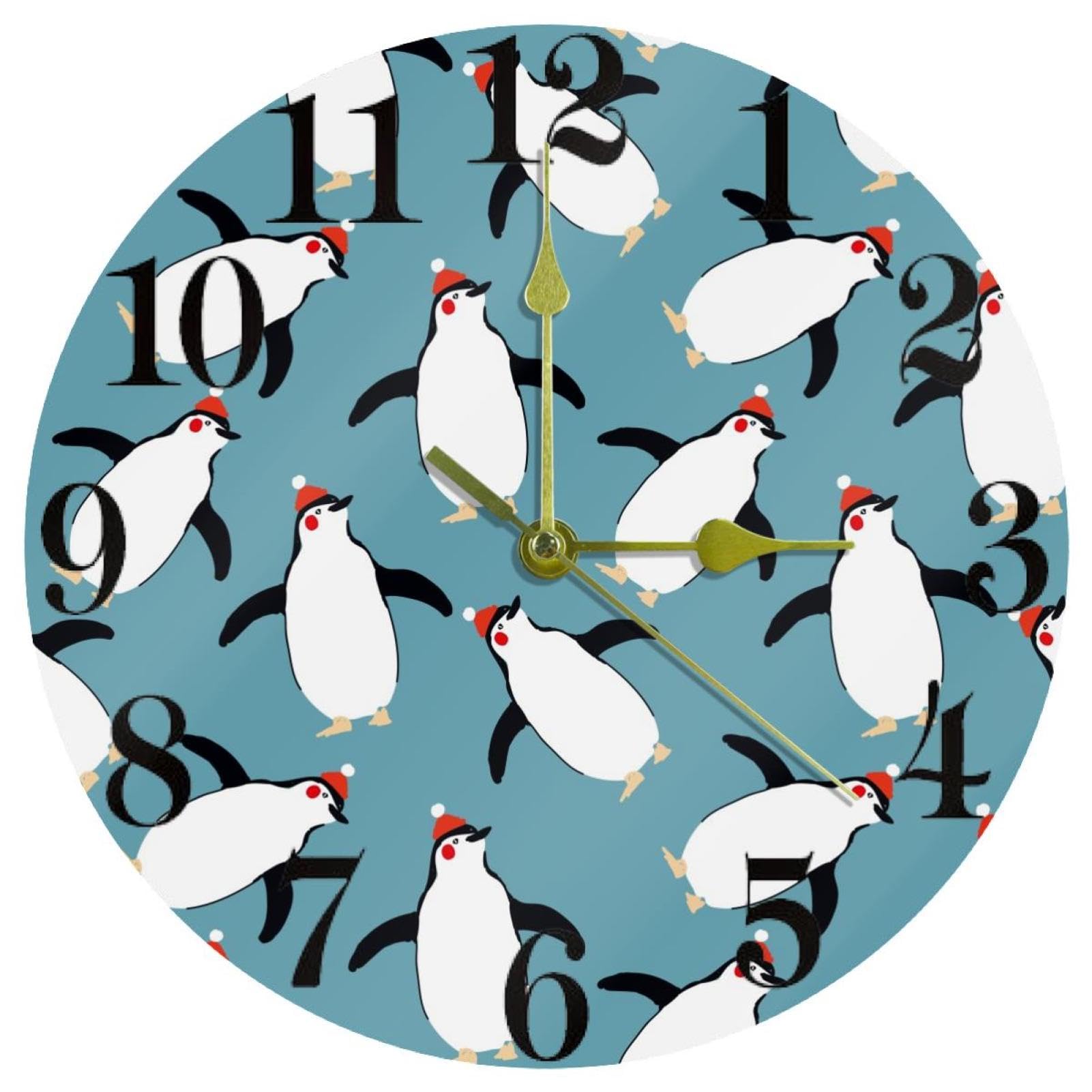 Horloge murale ronde à quartz silencieuse au motif pingouin mignon pour décoration de bureau