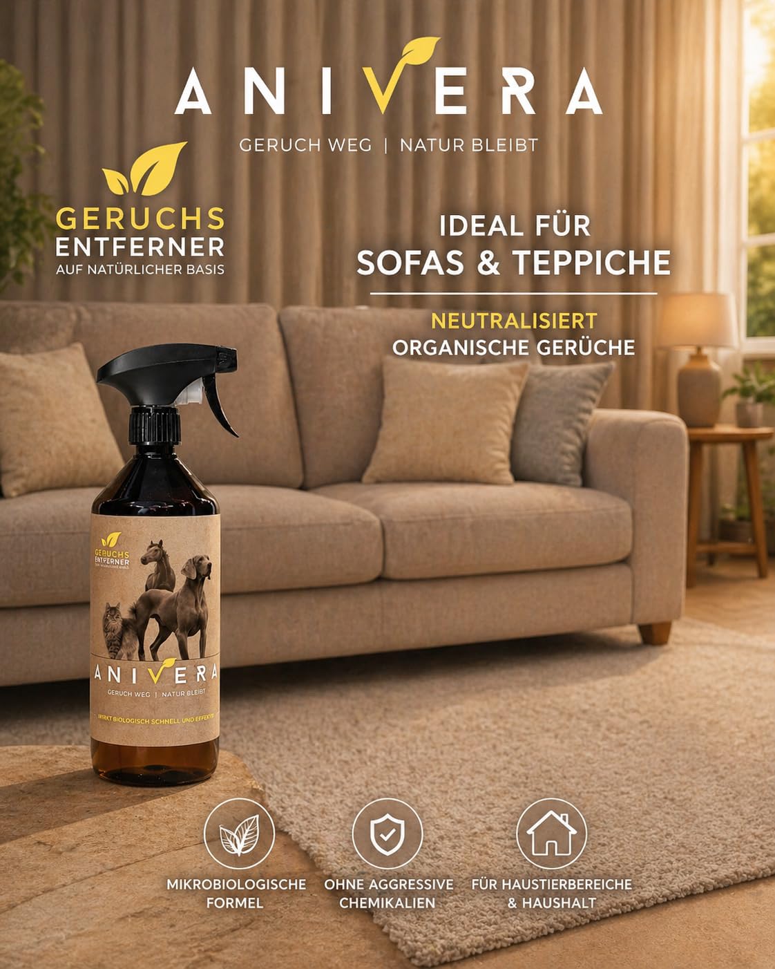 Geruchsentferner Spray 500 ml – Entfernt Tiergeruch, Schweißgeruch & organische Gerüche – Für Kleidung, Schuhe, Sofa, Auto, Haustier & Haushalt