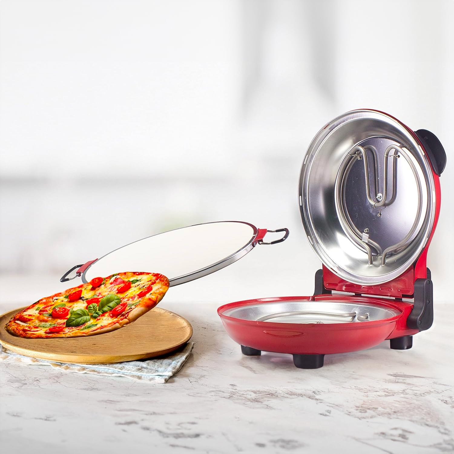 Forno per Pizza Elettrico Portatile con Timer Regolabile - Fornetto Tondo per Pizza Manici Termoisolanti e Base Removibile, in Metallo Anti-Riscaldante, 35x43.5x18.5cm, 1200W, Rosso