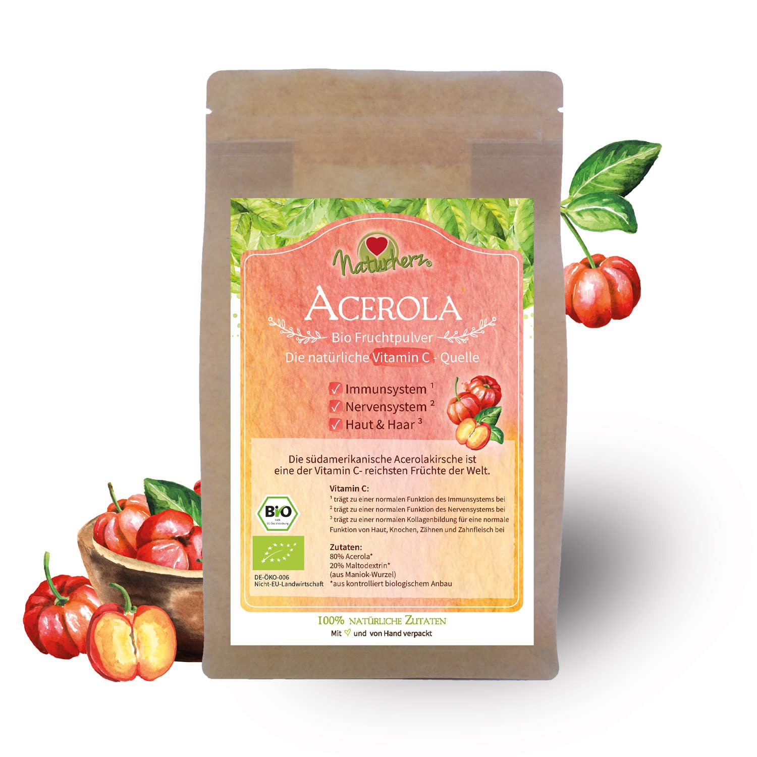 Naturherz BIO Vitamin C - Acerola Pulver - Natürliches hochdosiertes Fruchtpulver mit mindestens 17% Vitamin C - Premium Qualität (400 g)