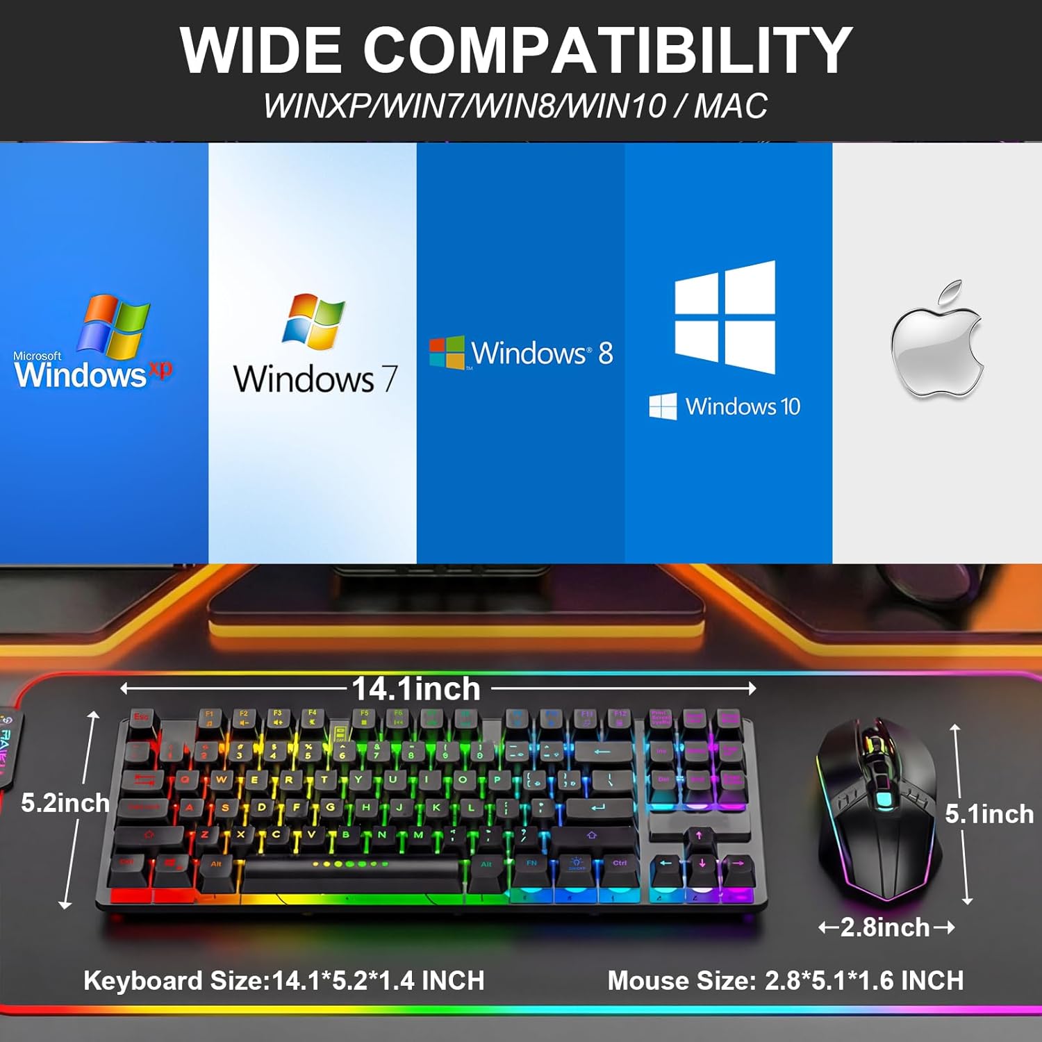 Wireless Gaming Keyboard and Mouse Combo, LED Backlit Rechargeable Battery, Ultra Compact Mechanical Feel Keyboard, RGB Mice for PC Gamer, Business Office, Durable Ergonomic, Wide Compatibility, Black