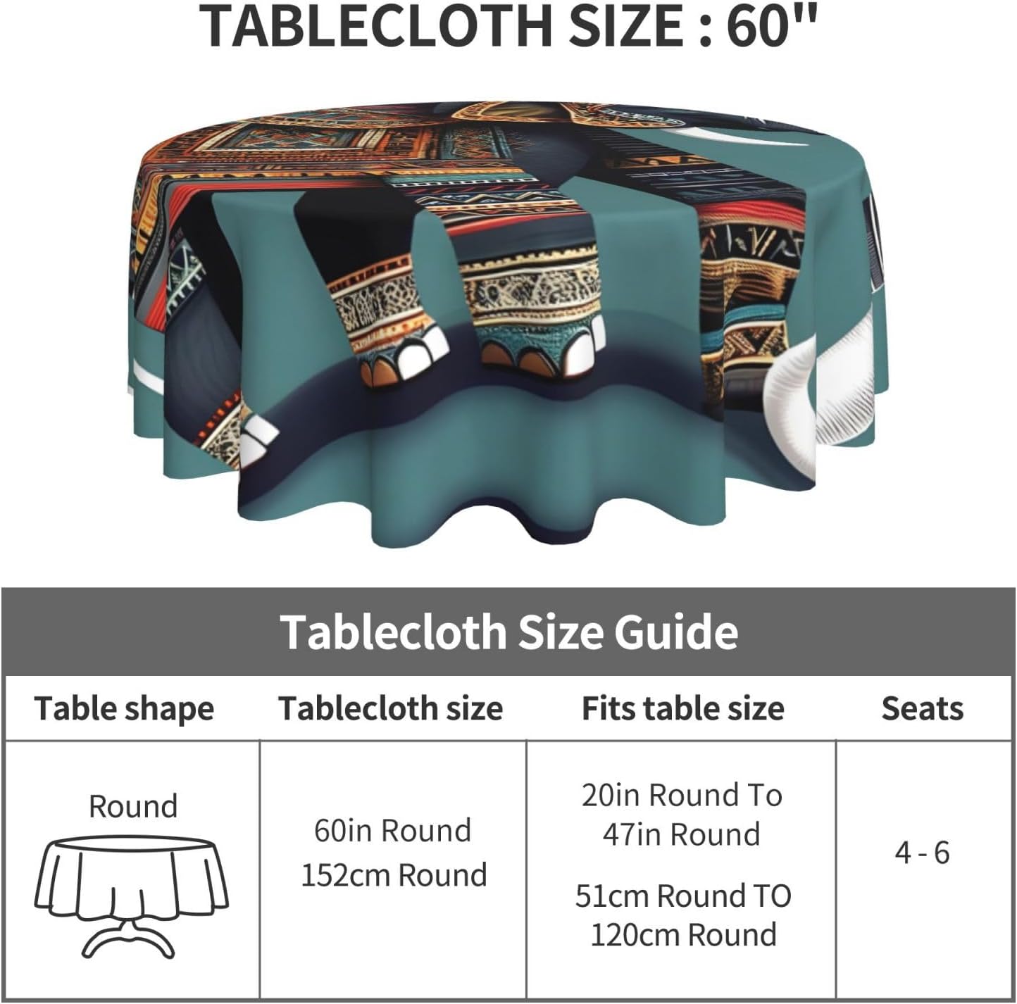 Aztec Elephant Pattern Print Wrinkle Free Dining Table Cover for Birthday Party Farmhouse Tablecloths Up to 60 x 60 Inches
