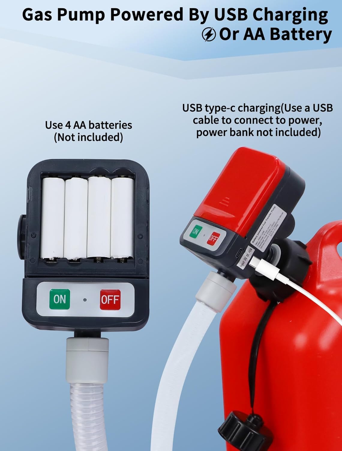 Fuel Transfer Pump with Auto-Stop, Battery or USB Powered, 3.2 GPM Fast Gas Transfer Pump, 57.09" Hose, Gas Pump, 4 Can Adapters, Portable Fuel Pump for Gasoline & Diesel, No-leak (Red)