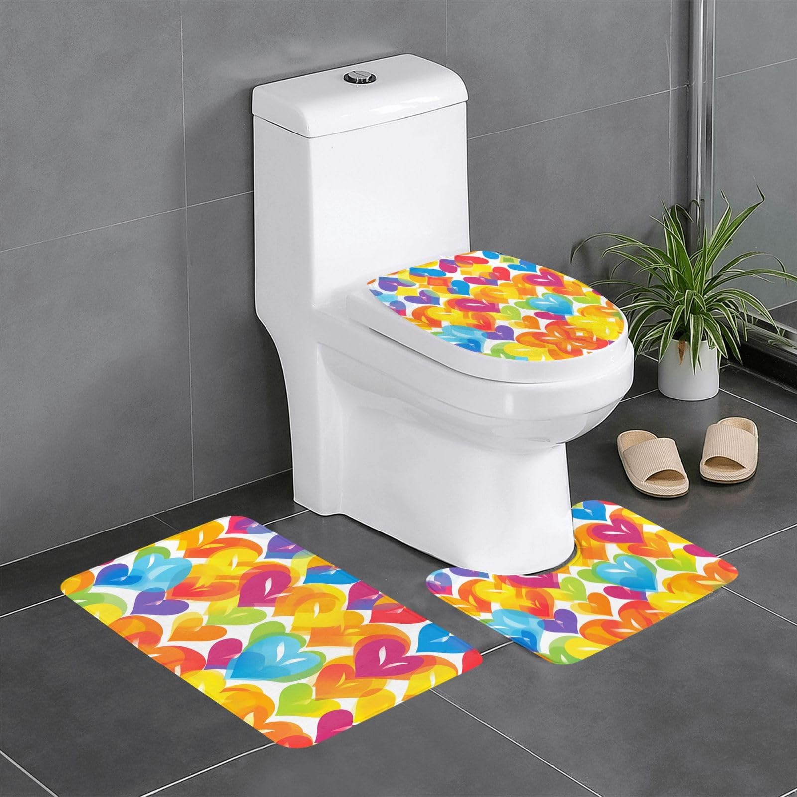Tapis de salle de bain motif cœur coloré arc-en-ciel avec contour WC
