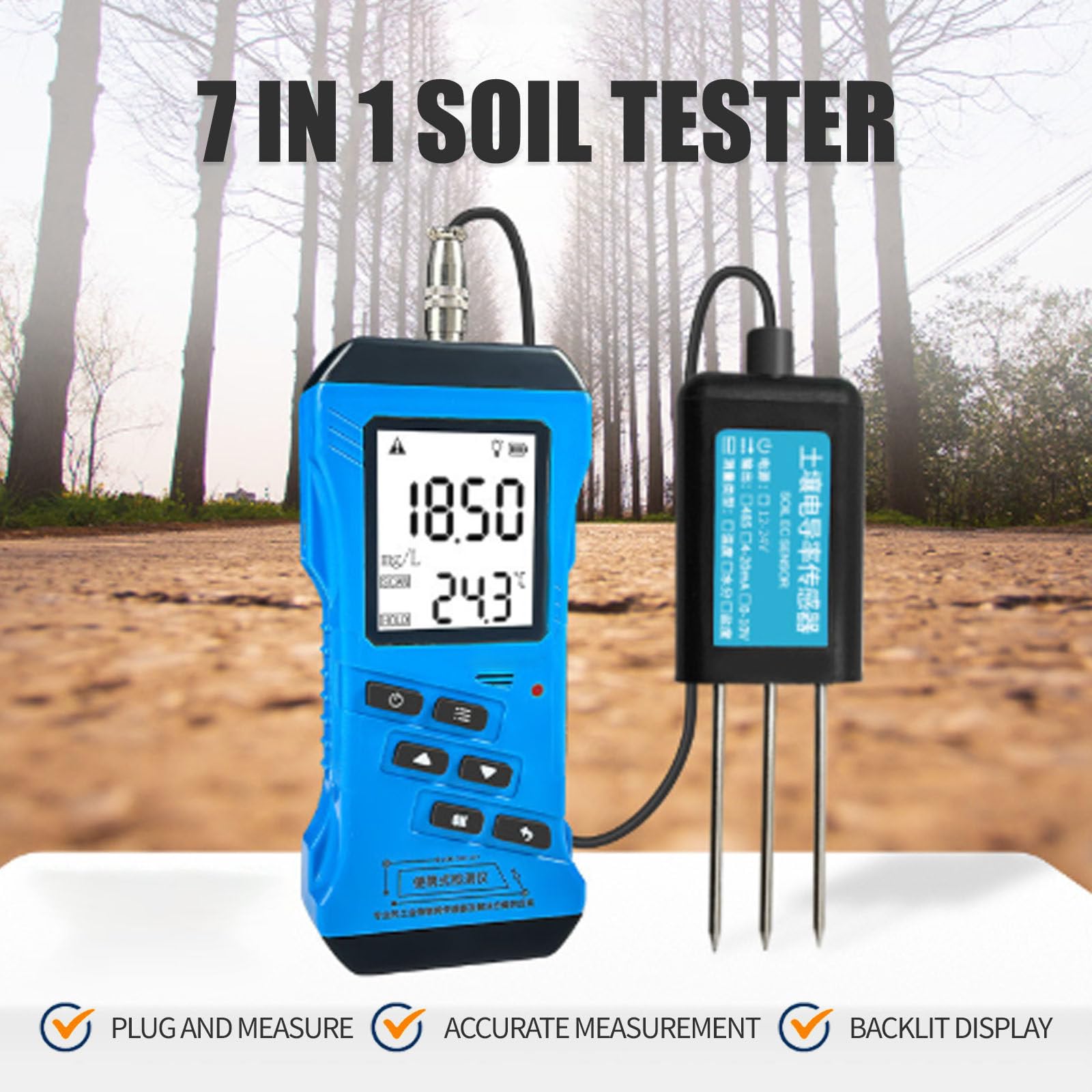 Cyfrowy tester gleby, czujnik temperatury wilgoci NPK PH 7 w 1 z podświetlanym wyświetlaczem LCD, niezbędny zestaw ogrodowy do trawnika, gospodarstwa, do pielęgnacji roślin wewnątrz i na zewnątrz