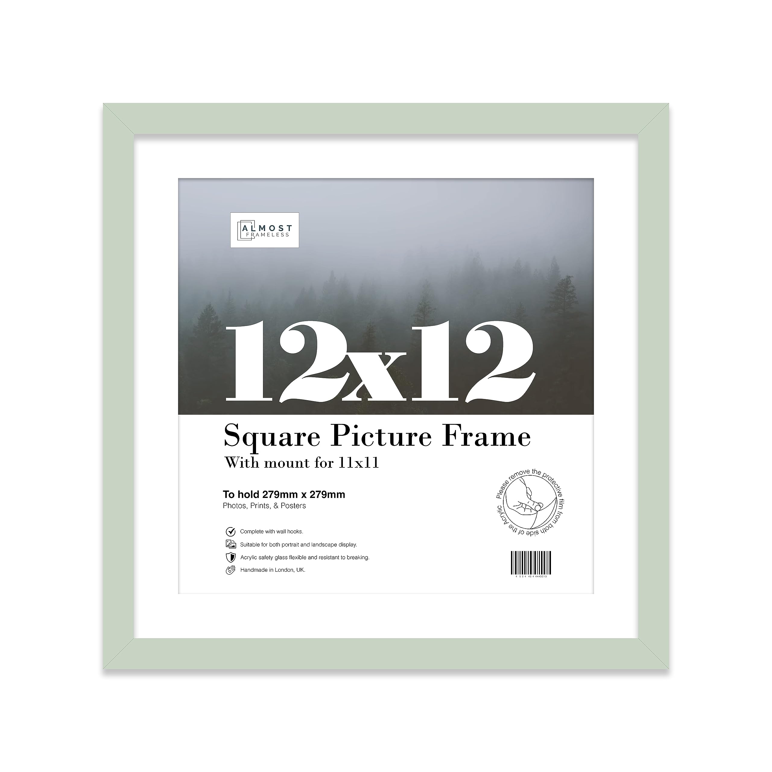 Almost Frameless 12x12 Picture Frame, Display Pictures 11x11 With Mat or 12x12 Without Mat, Wall Hanging Photo Frame, Mint, 1 Pack