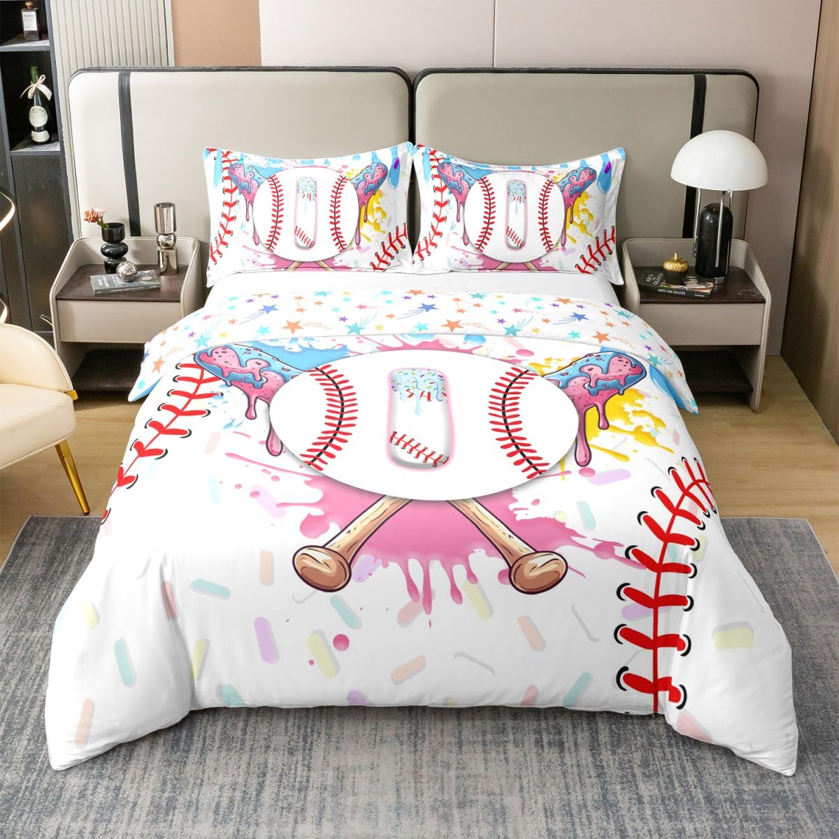 Homewish Baseball podwójny zestaw pościeli uroczy estetyczny lody kapanie bawełna poszewka na kołdrę turkusowy niebieski graffiti sport kij baseballowy poszwa na kołdrę Gelato chłopiec litera I