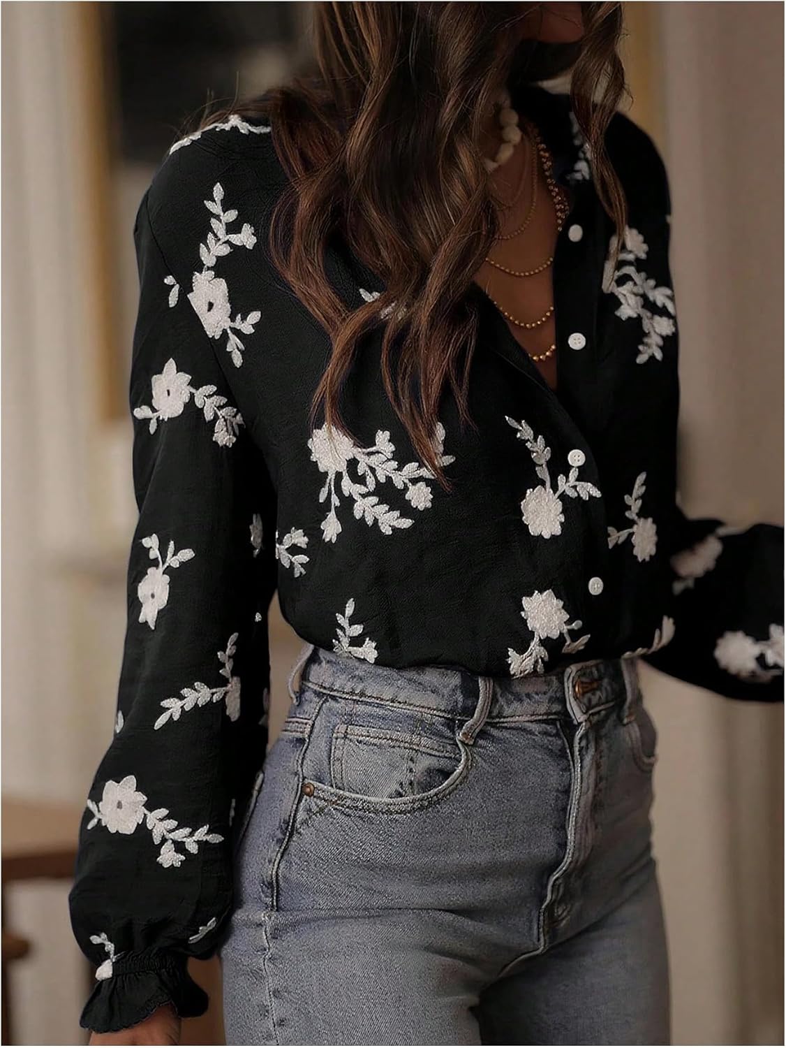 SweatyRocks Women's Floral Blouses Dressy Casual Button Down Shirts Bishop Sleeve Boho Fall Tops - Image 2