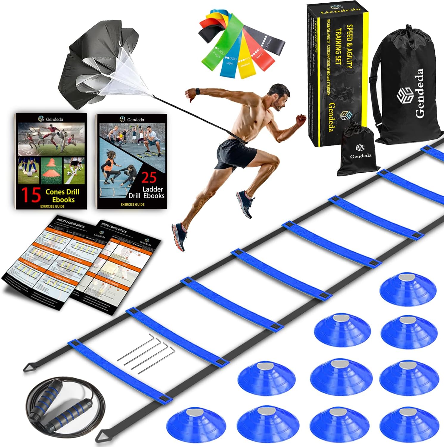 Speed Agility Training Set, Includes Agility Ladder, Jump Rope, Resistance Parachute, 5 Resistance Bands, 10 Cones, Speed Training Equipment for Soccer Football