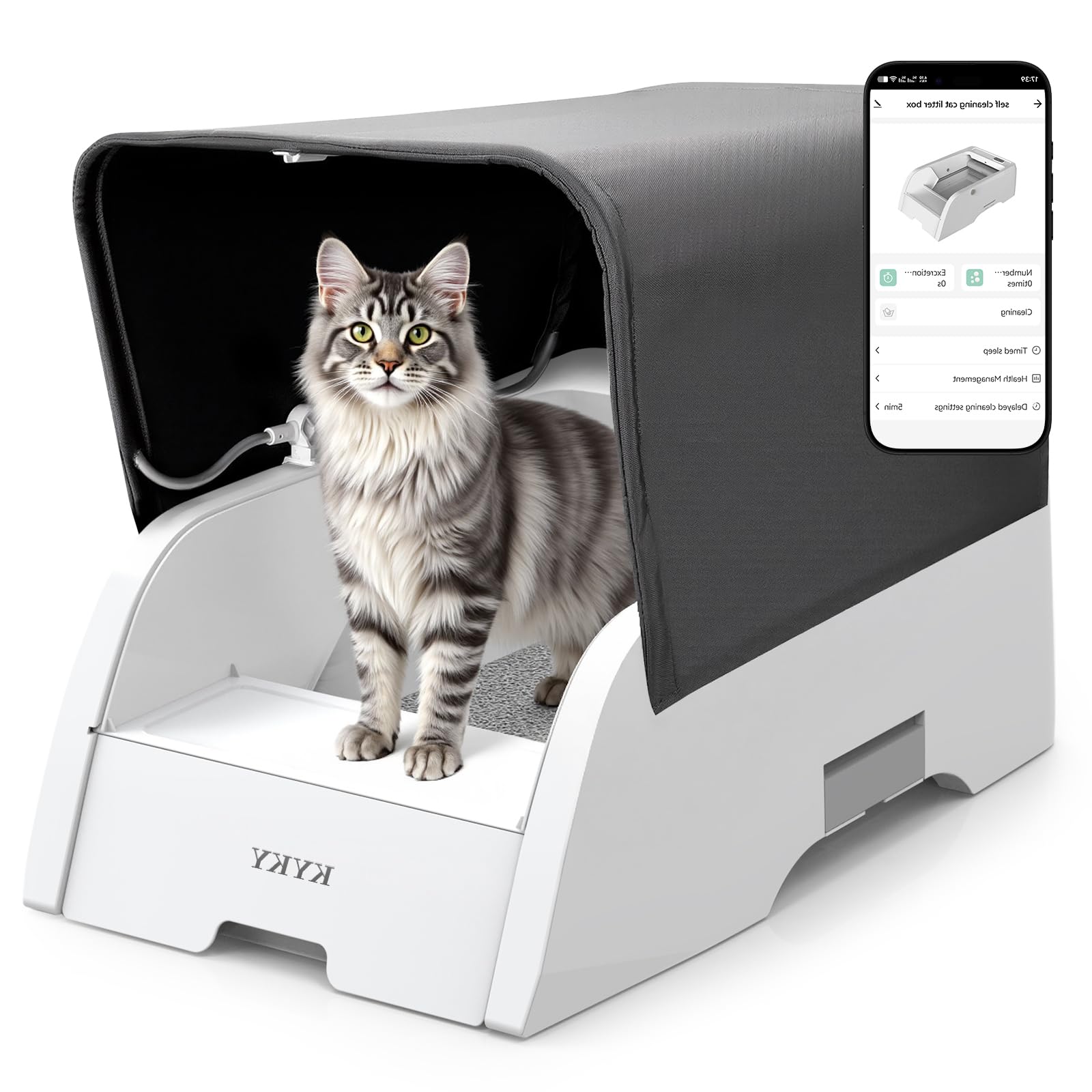 KYKY Self Cleaning Litter Box, Upgraded Automatic Cat Litter Box Self Cleaning with APP Control, Large Open Design for Single/Multiple Cats, Anti Pinch and Odorless(wiht Canopy)