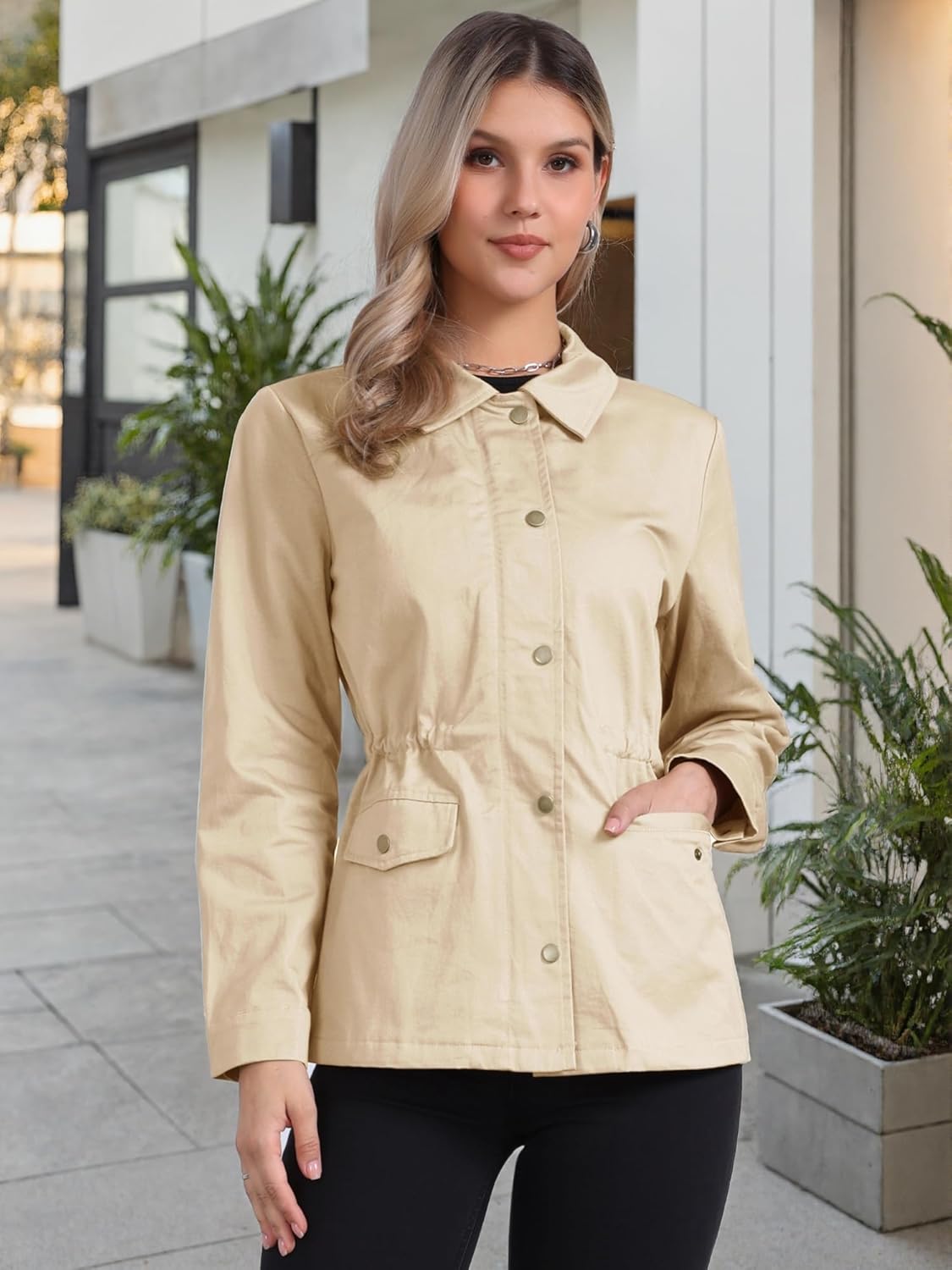 Allegra K Women's Utility Jacket Zip Up Drawstring Waist Snap Buttons Lightweight Anorak Jackets with Pockets