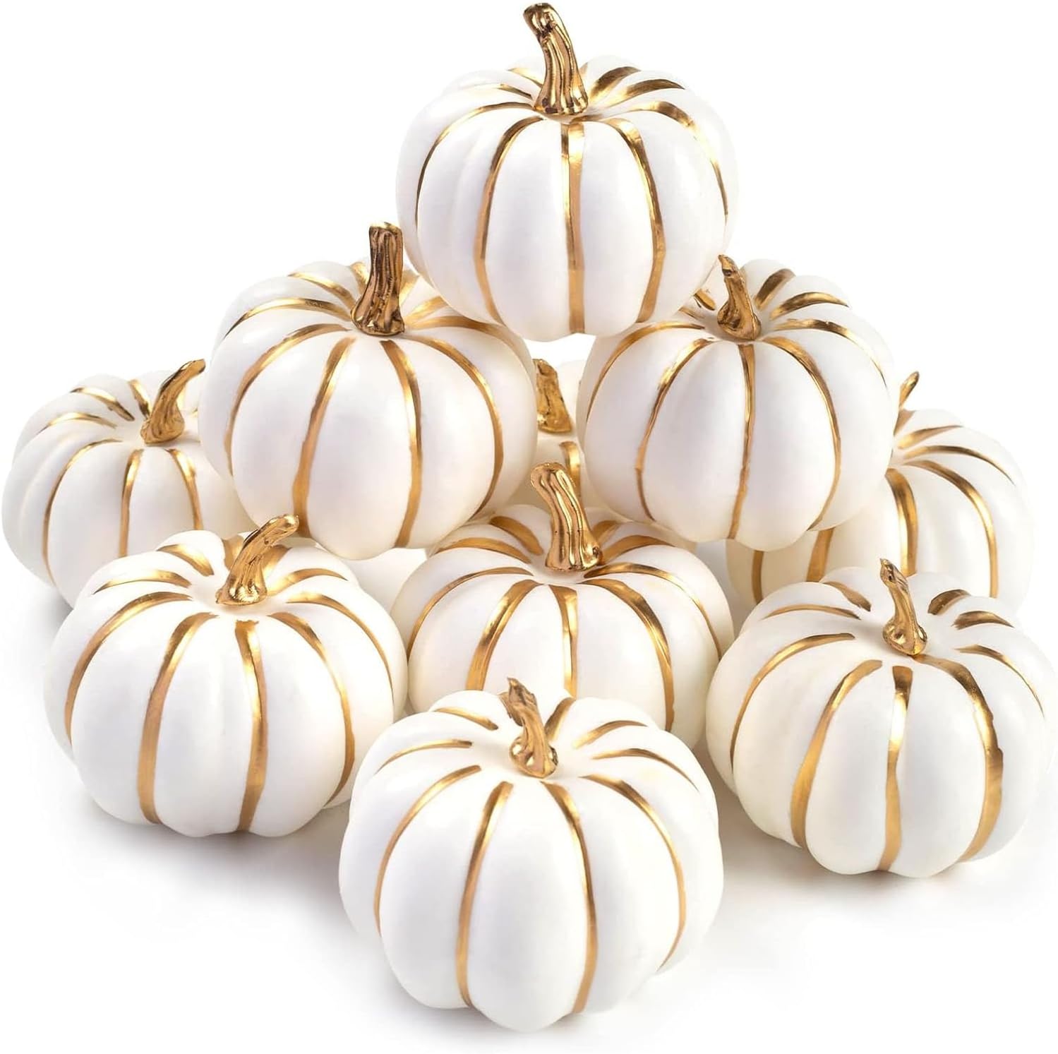 DomeStar 10PCS White Foam Pumpkins with Gold Lines, Artificial Pumpkins Harvest Fake Maple Leaves for Decorating Fall Farmhouse Thanksgiving Home