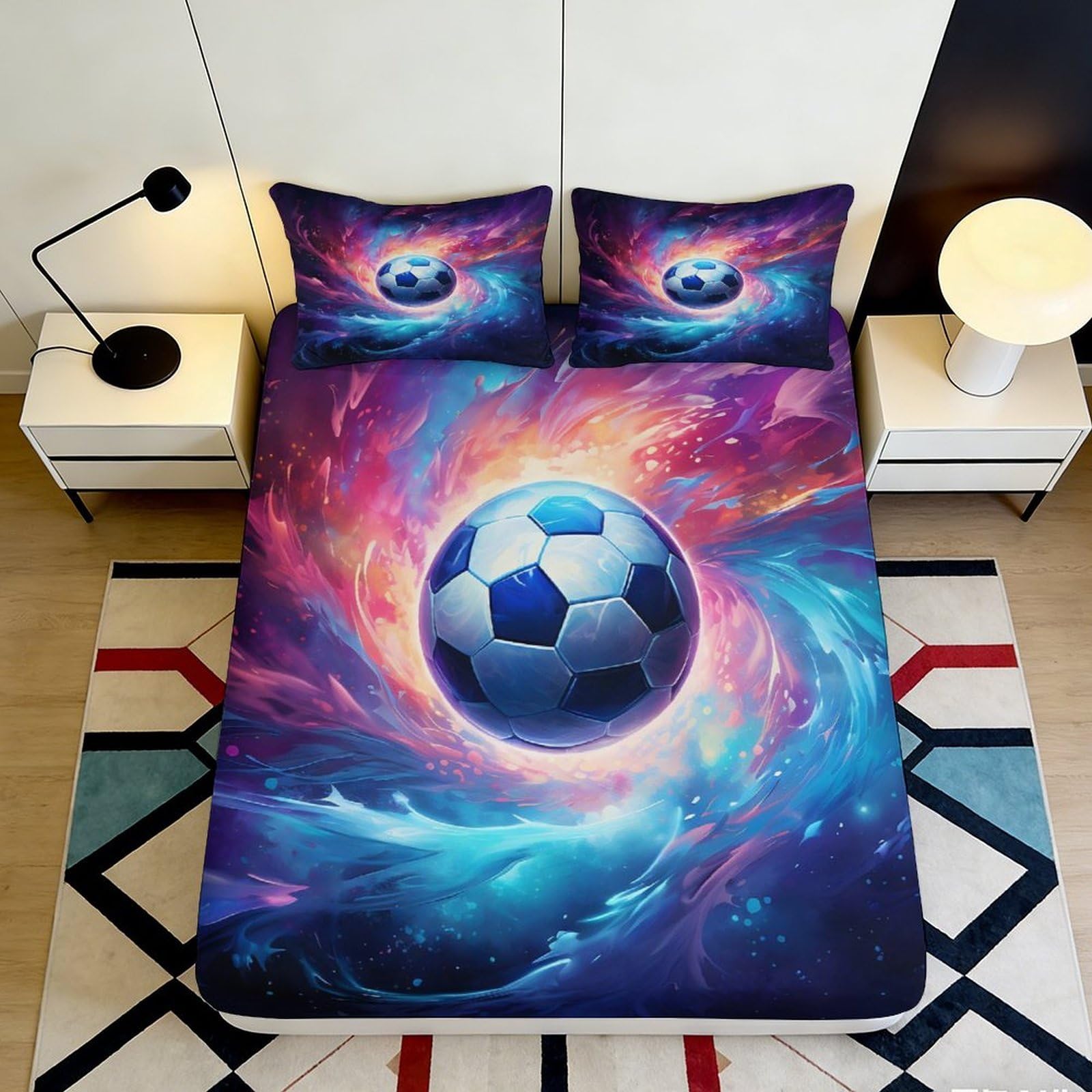 3D Printed Galaxy Fitted Sheet Microfiber Soft Breathable Cosmic Mattress Cover with Football Design for Bedroom Dormitory Guest Room 120x200x25cm