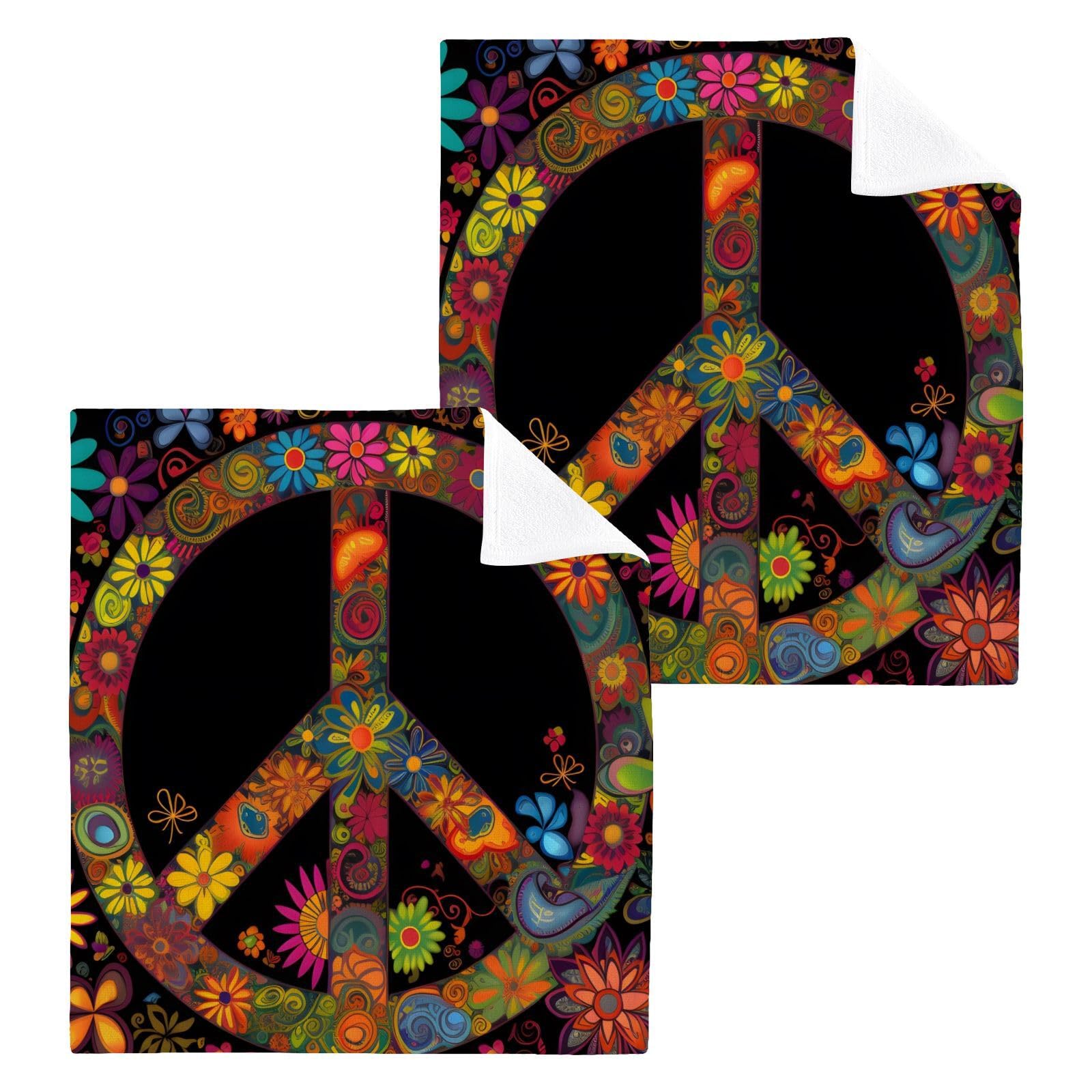 YMGQYJ Cotton Washcloths 2 Pack Boho Peace Sign Print, Soft Absorbent Quick Dry Towels, Multi-Purpose Fingertip Towels for Bathroom Hotel Travel 12×12 in