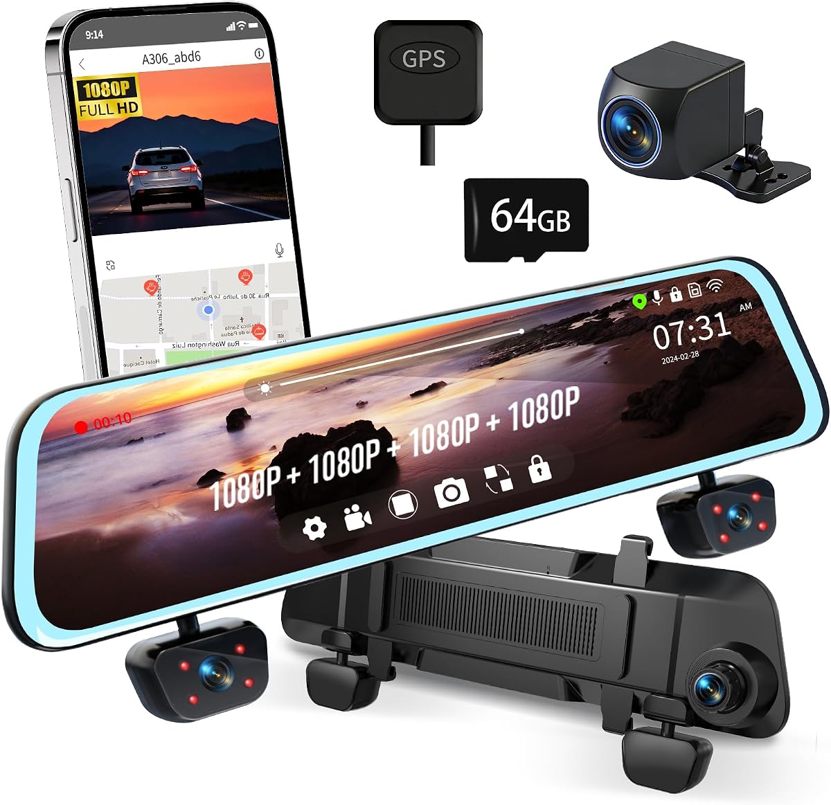 Mirror Dash Cam Cámara de salpicadero de 4 canales delantera y trasera/interior, pantalla táctil 12'' FHD 1080Px4 cámara de espejo retrovisor, 8 visión nocturna IR, WiFi incorporado, GPS, monitor de estacionamiento