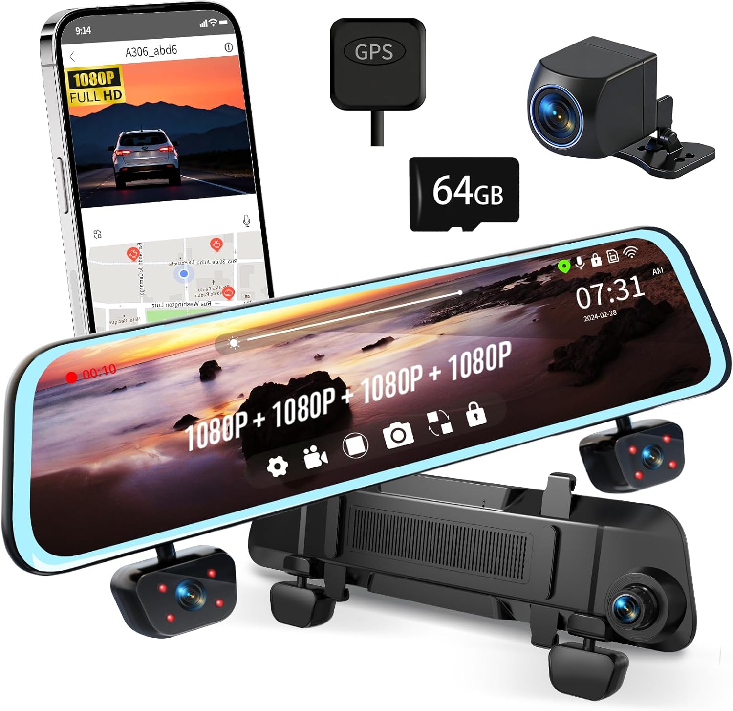 Mirror Dash Cam 4 Channel Dash Cam Front and Rear/Inside, Touch Screen 12’’ FHD 1080Px4 Rear View Mirror Camera, 8 IR Night Vision, Built-in WiFi, GPS, Parking Monitor