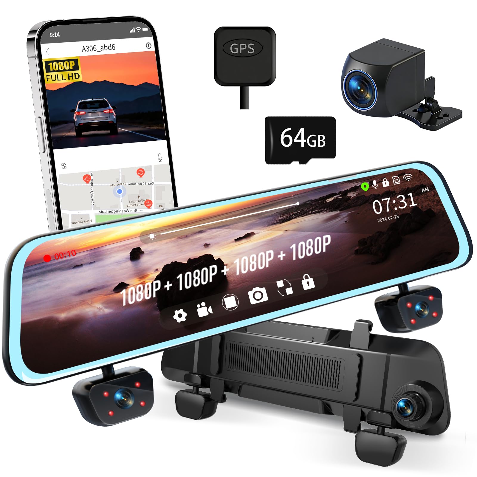Amazon.com: Zunfly Mirror Dash Cam 4 Channel Dash Cam Front and