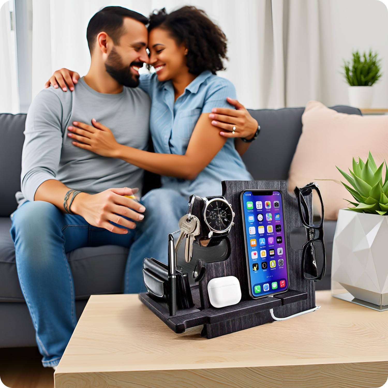 Greta Oto Svuota Tasche da Ingresso Organizer Scrivania Idee Regalo Papà Uomo Anniversario Compleanno Porta Orologi e Cellulare Tavolo e Comodino Artigianale in Legno Made in Europe (Nero)