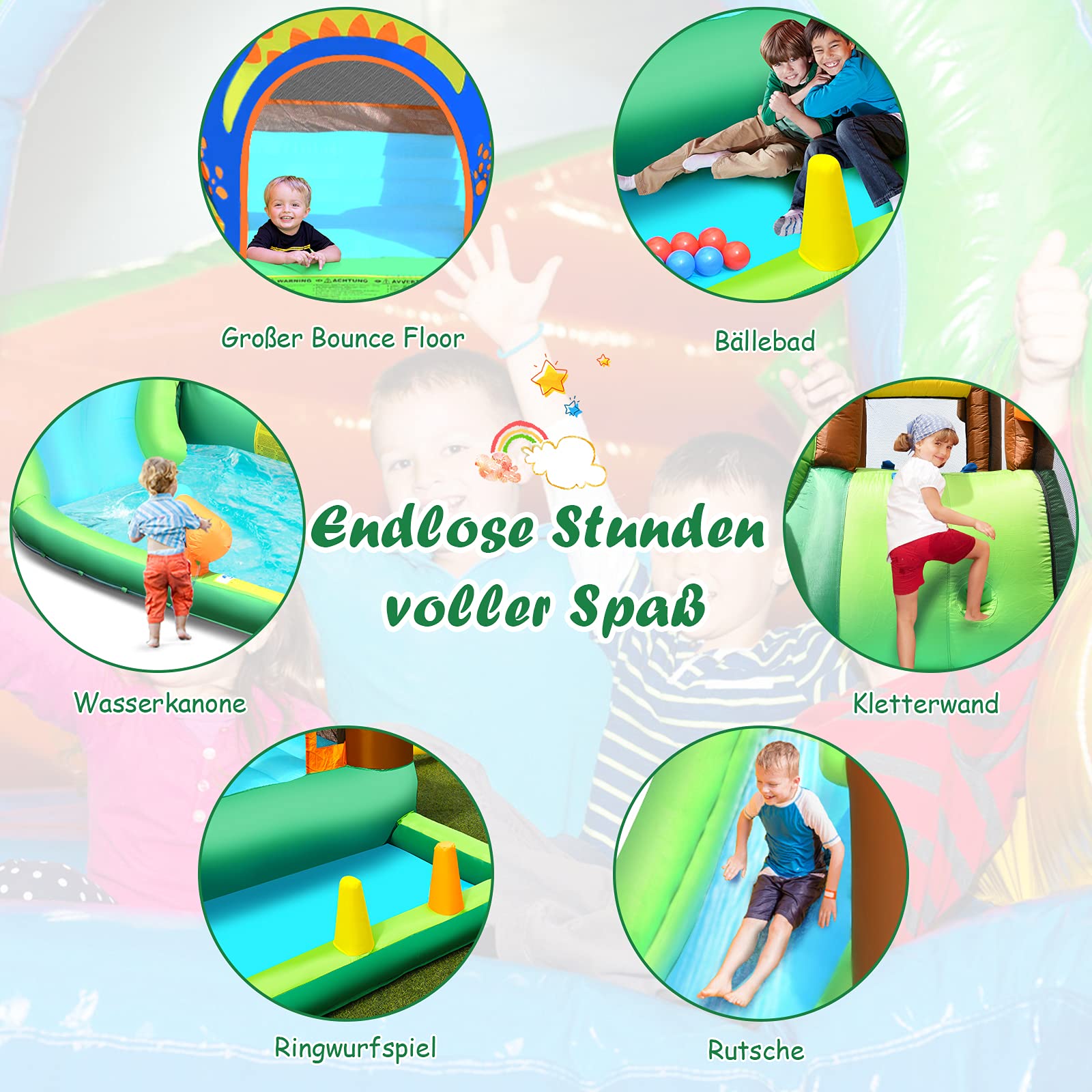 COSTWAY Hüpfburg Wasserrutsche Spielpool Aufblasbare, Wasserspielcenter mit Rutsche, Wasserpark aufblasbar, Planschbecken 368x303x230cm