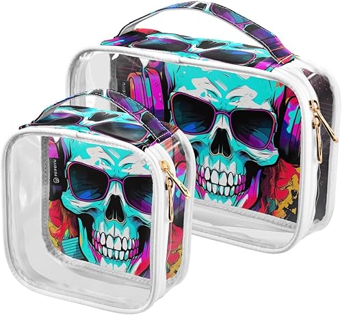 Gothic Skull Wear Headphone Y2k Clear Toiletry Bag for Traveling,2 Pack Makeup Cosmetic Bag with Zipper,Travel Bag for Toiletries,Travel Essentials