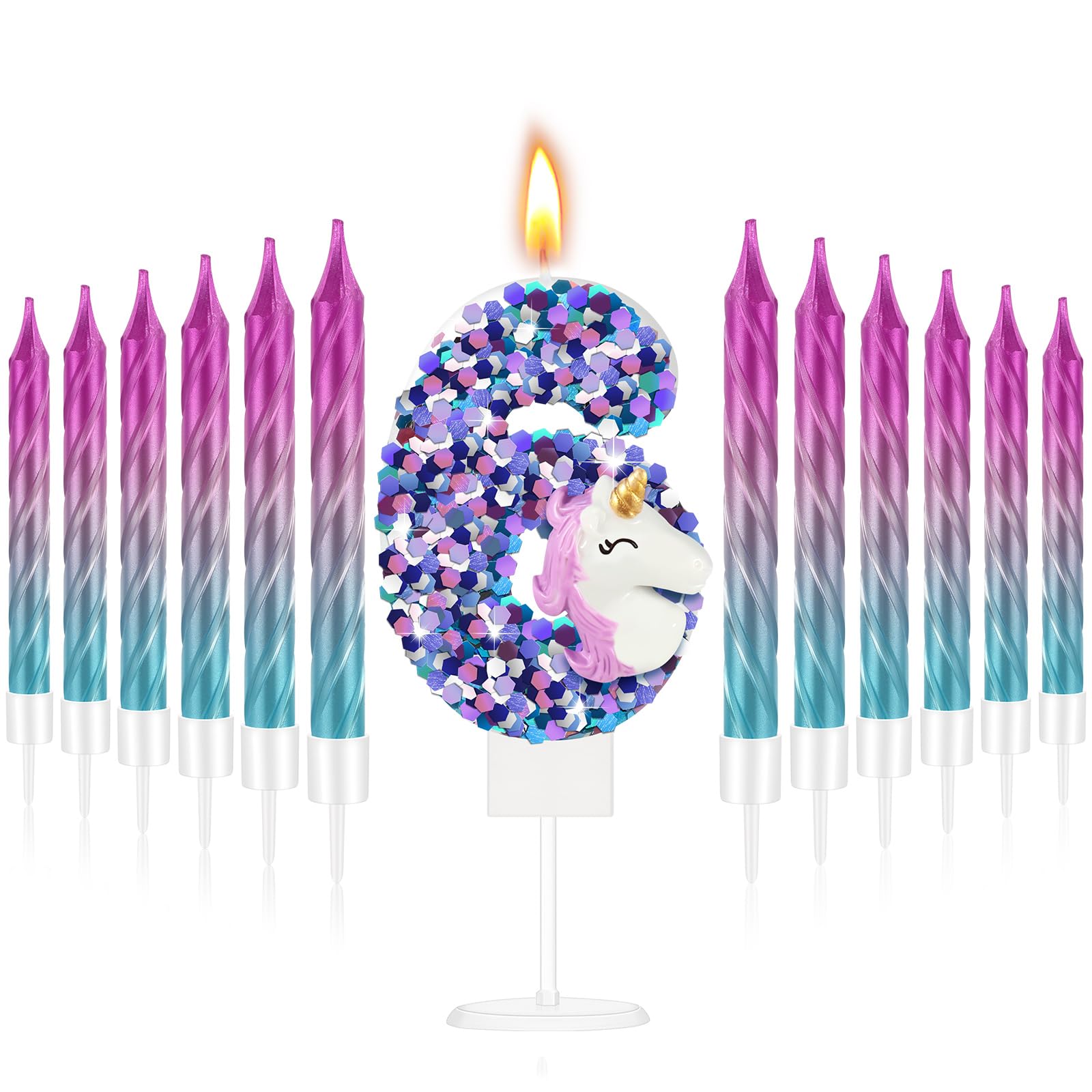 MTLEE Unicorn Birthday Candle Glitter Number Candle Unicorn Cupcake Toppers with 12 Pcs Numeral Rainbow Spiral Candle Purple Birthday Cake Candles for Baby Girl Boy Birthday Unicorn Party (Number 6)