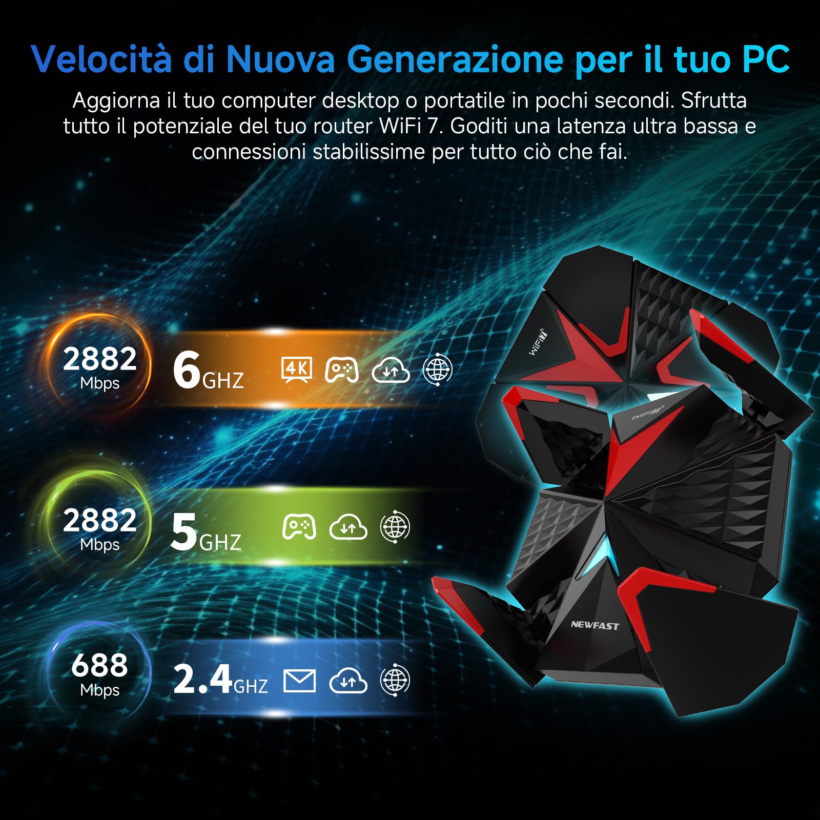 NEWFAST 6500Mbps Chiavetta WiFi per PC Fisso, USB WiFi 7 Tri-Band 2,4/5/6GHz Antenna WiFi USB con 4 * 5dBi Antenne, 4096-QAM, WPA3, Supporta Windows 11/10