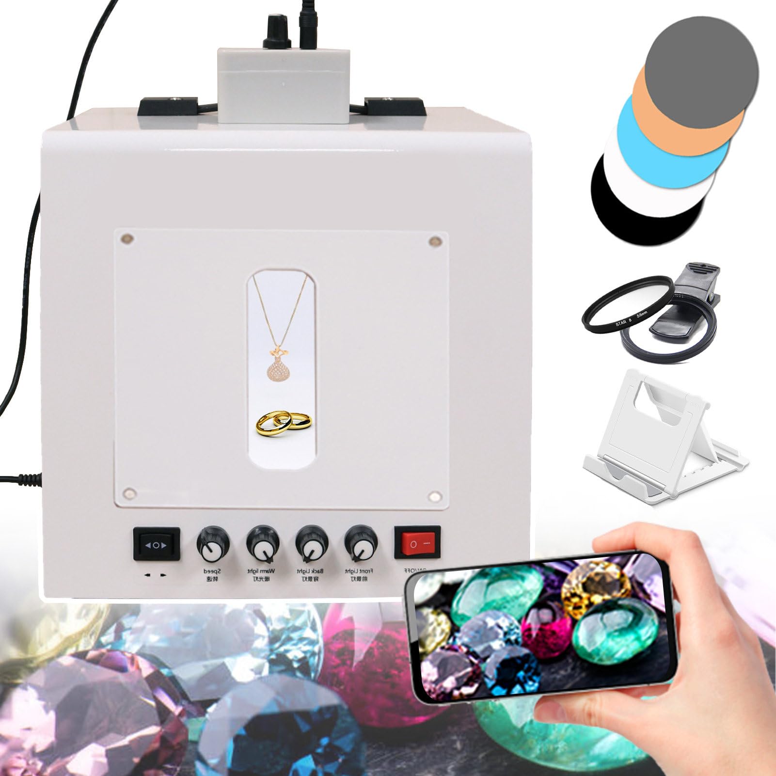 Caja de luz portátil para fotografía de joyería, sin Parpadeo, Mini Estudio fotográfico con 4 Luces de Relleno Regulables/Plato Giratorio de Velocidad Ajustable (Tb20)