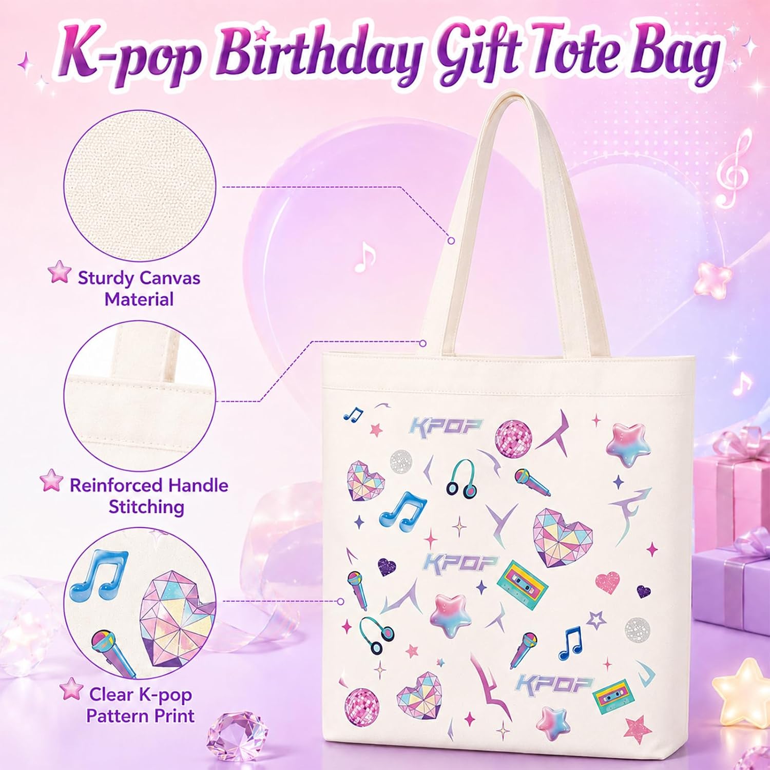 6 Pcs Gift for K-pop Music Lover with 12 oz Kpop Marks Mug, Tote Bag Notebook Pen Socks Keychain Pink Purple Music Theme Gifts for Birthday Kpop Fans Gathering Party Favors image 4