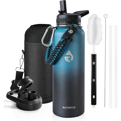 Insulated Water Bottle 40 oz, Triple Wall Vacuum Stainless Steel (Cold for 48 Hrs), Leak Proof & Non-BPA, Modern Water Flask Jug with Paracord Handle & Straw Spout Lids, Indigo/Black