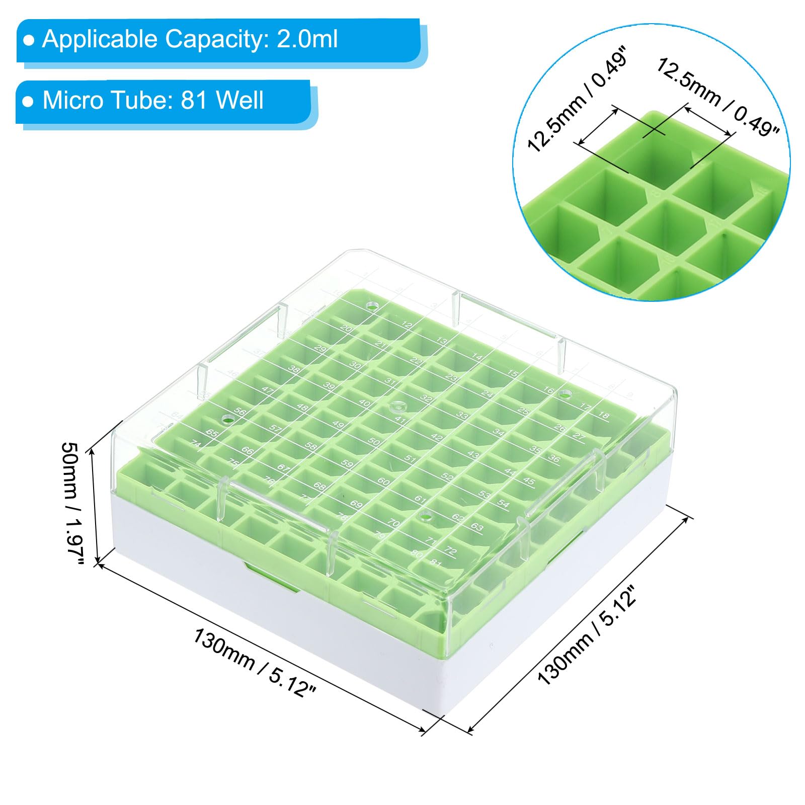PATIKIL 81 Pozzi Scatola Congelatore Policarbonato, 1 Pezzo Supporto Policarbonato Per Tubi Vial Campioni 2.0ML, Verde