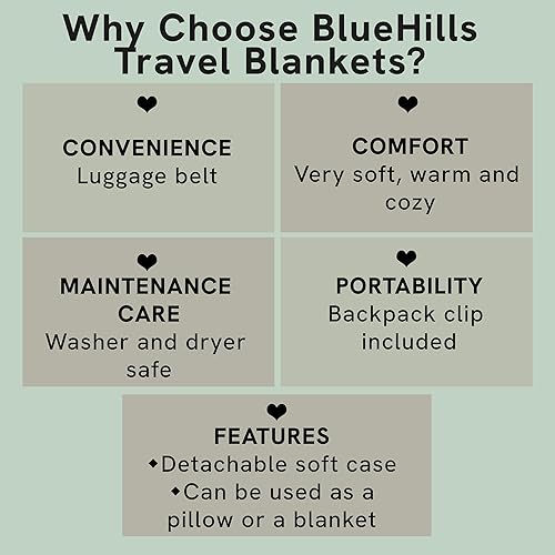 Miniatura 6 de BlueHills Manta de viaje suave de alta calidad, manta de vuelo de avión, funda de almohada con cinturón de equipaje y clip para mochila, paquete