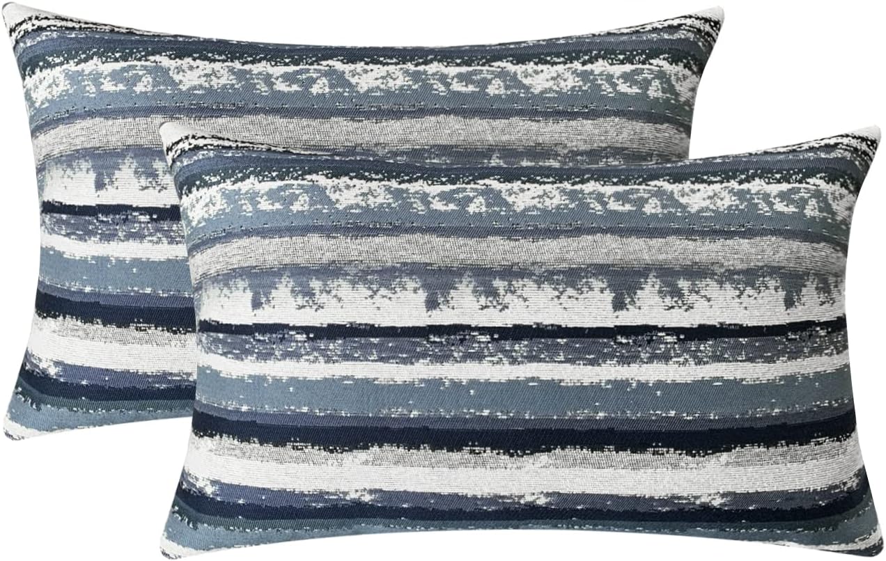 Jacquard Striped Decorative Throw Pillow Covers for Couch Set of 2, 18x18 Inches, Navy Blue