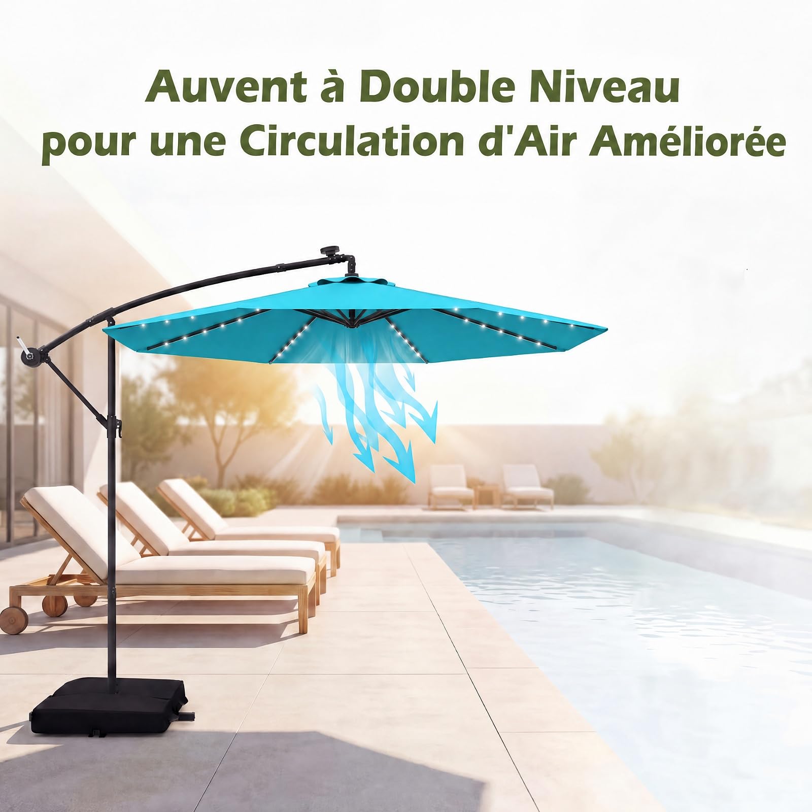 RELAX4LIFE Parasol Déporté 3x3M LED Solaire Inclinable (bleu turquoise)