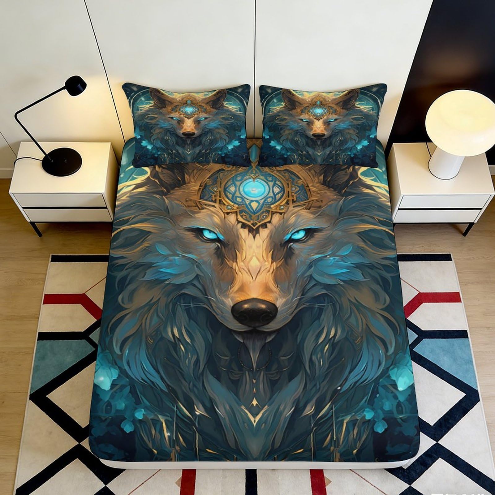 3D Printed Mystic Blue Wolf Fitted Sheet Microfiber Soft Breathable Fantasy Wolf Bed Cover for Bedroom Dormitory Guest Room Mattress Protection Decor 120x200x25cm