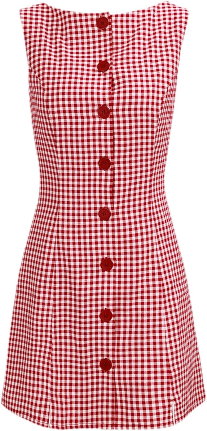 Women Summer Mini Plaid Tank Dress Sleeveless Round Neck Button Up Bodycon Cocktail Party Dress - Image 6